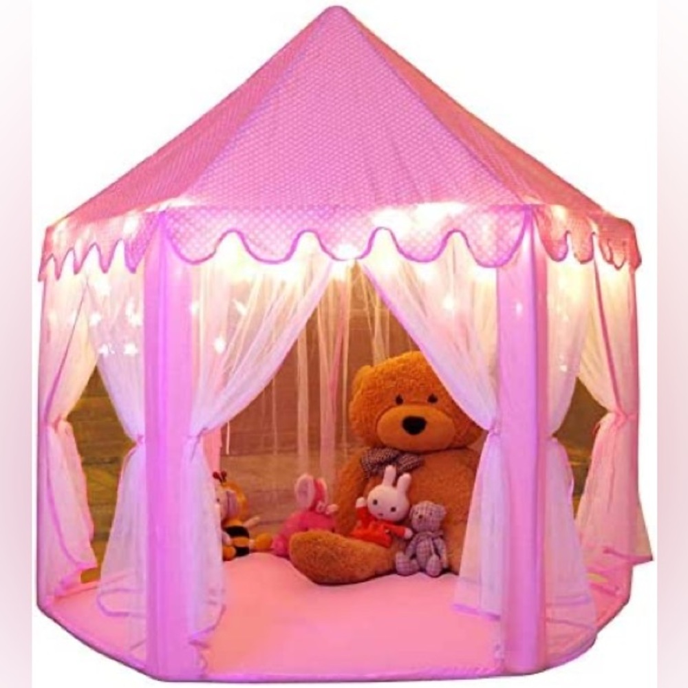 Kids Pink Play Tent Castle with Sheer Curtains
